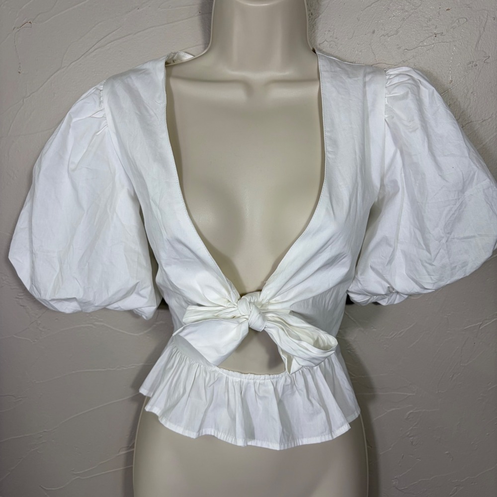 Nasty Gal Crop Top Womens 4 White Puff Sleeve Tie Front Peplum Cottagecore